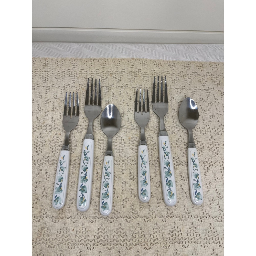 Corelle English Ivy Flatware Set 6pc Stainless Green Yellow Leaf White Handle
